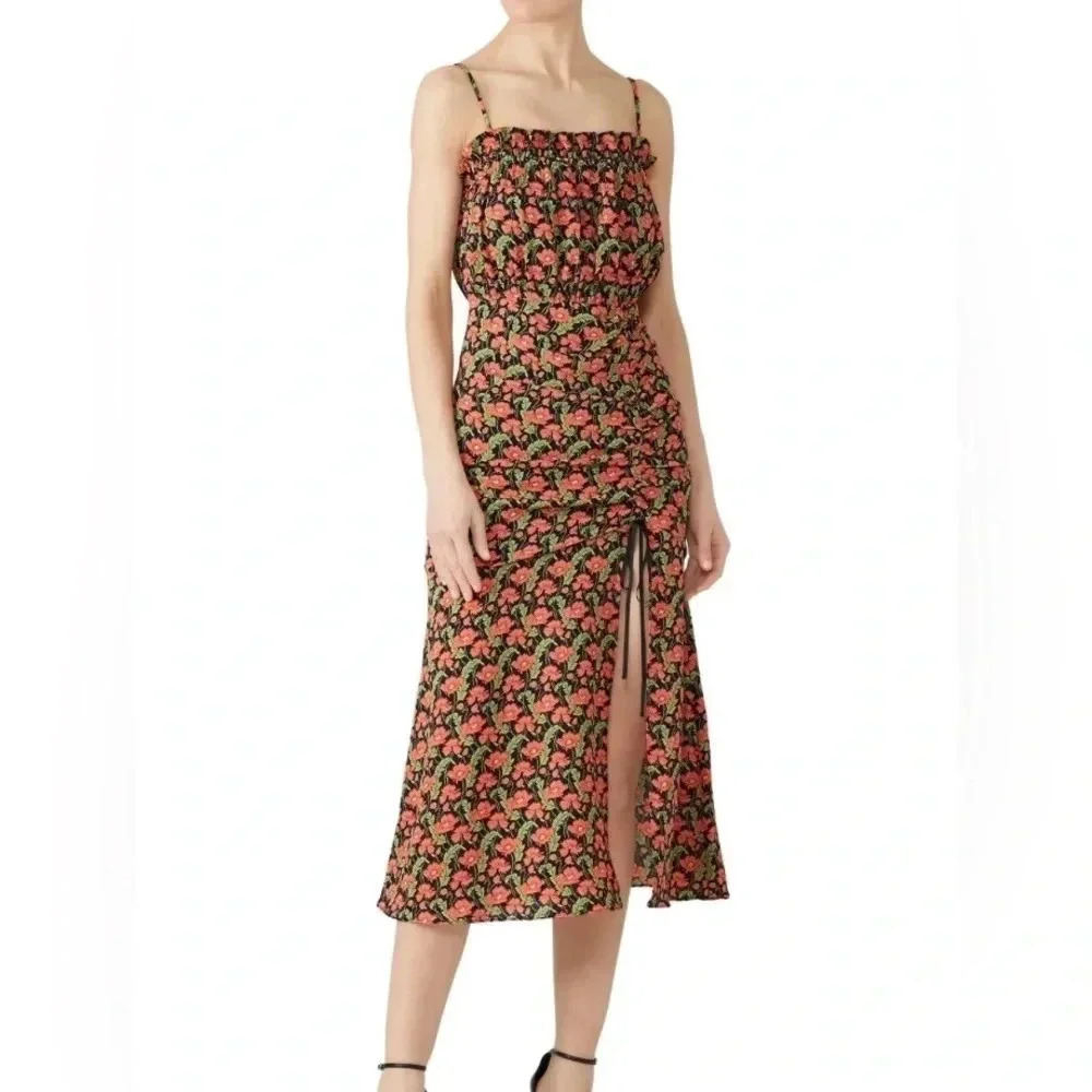 Regal Floral-Print Shirred Sleeveless Dress with Slit size Large